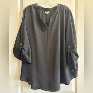 2X Black Flowy V Neck Blouse Roll Tab Sleeve Tunic Top NWOT Plus Size